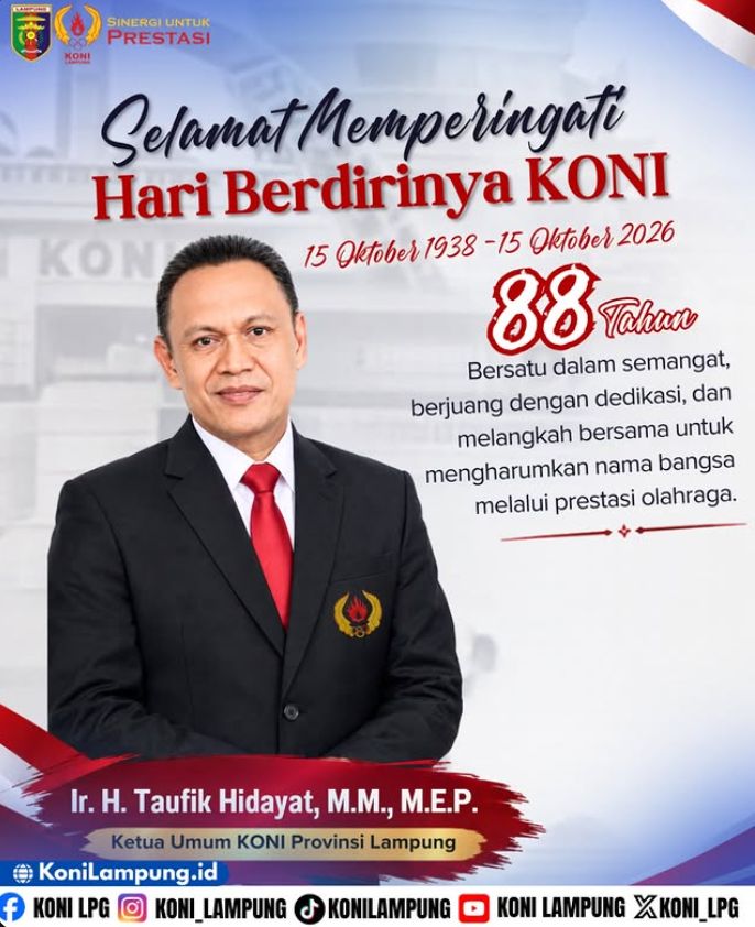 KONI Genap Berusia 88 Tahun, Ketua Umum KONI Lampung Sampaikan Harapan untuk Prestasi Olahraga Indonesia